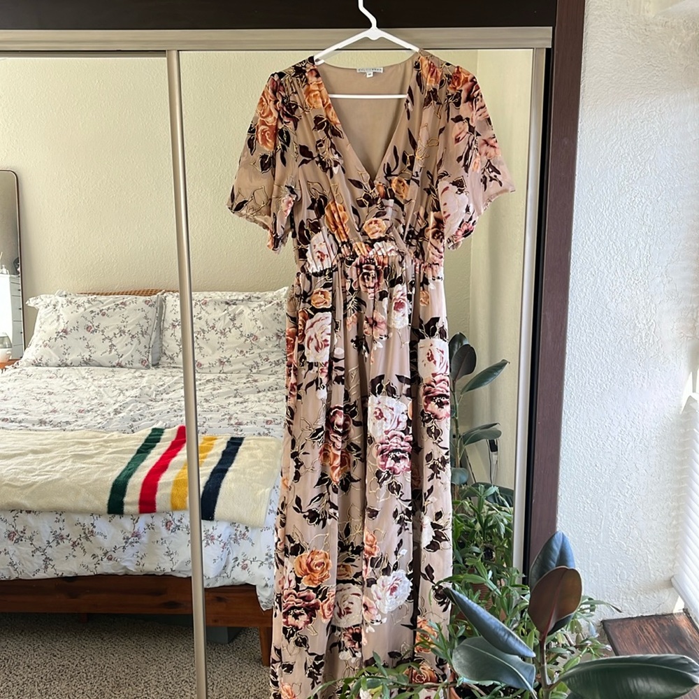 Baltic Born Beige Floral Maxi Dress with Pink and Orange Roses